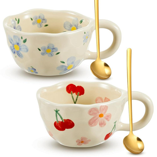 Vesici 2 Pcs Ceramic Coffee Mug Creative Flower Cup Floral Mug with Handles 8.5 oz Cute Aesthetic Tea Porcelain Mug for Office Home, Dishwasher and Microwave Safe (Lovely)