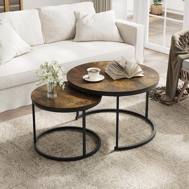 Smuxee Rustic Nesting Coffee Table Set of 2, 27.6" Round Coffee Table Wooden Marble Pattern with Adjustable Non-Slip Feet, Industrial End Table for Living Room Bedroom Balcony