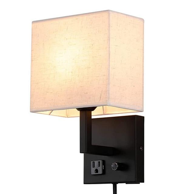 Wall-Mounted Candlestick Wall lamp, with USB Charging Port and Socket, dimmable Bedside Wall lamp, with Power Cord, Suitable for Hotels, corridors, Living Rooms and bedrooms (Black)