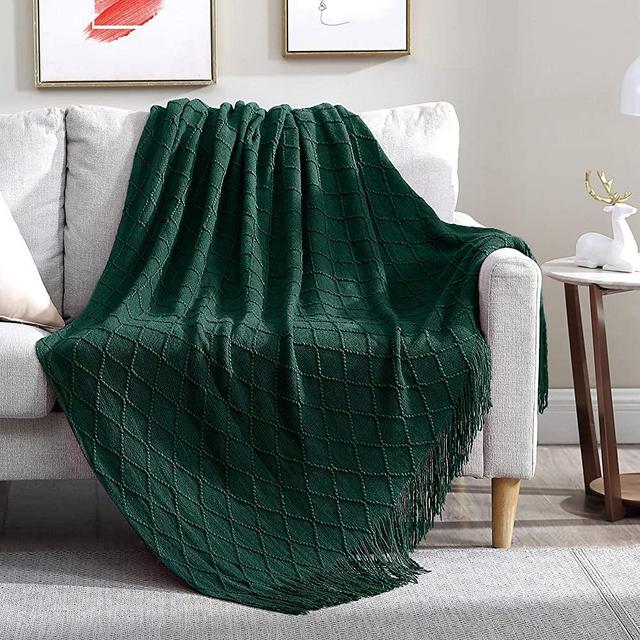 Walensee Throw Blanket for Couch (50" x 60", Forest Green) 100% Acrylic Knit Woven Blanket, Lightweight Decorative Soft Blanket with Tassels for Chair, Bed, Sofa, Travel, Suitable for All Seasons