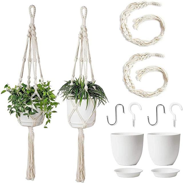 POTEY 40'' Macrame Plant Hanger with 6.3" Pots, Saucers and Ceiling Hooks, Boho Decorative Flower Holder, Crochet Hanging Planters for Indoor Outdoor, Ivory, 2 Set