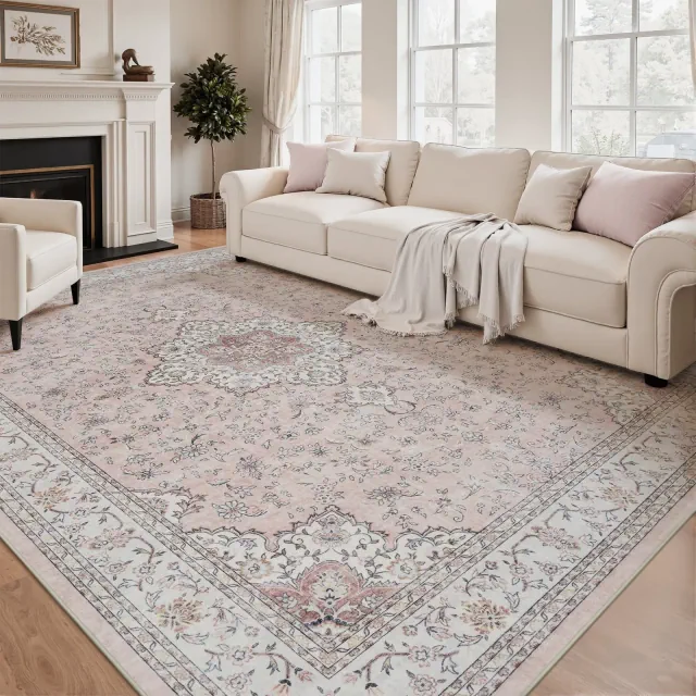 MontVoo Pink Floral Washable Area Rug 5'x7'