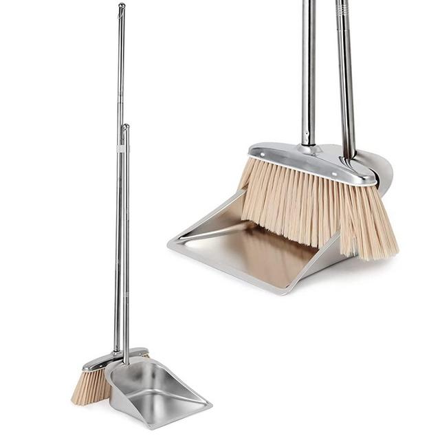 Broom and Dustpan Set for Home, VOOWO Stainless Steel Broom and Dustpan Set with Long Handle, Heavy Duty Dustpan Broom Set Upright Standing Dust Pan Kitchen and Home Indoor Outdoor Brooms Dustpan