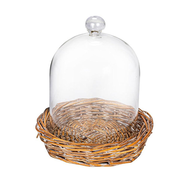 Creative Co-Op Round Glass Cloche with Woven Willow Base, Clear