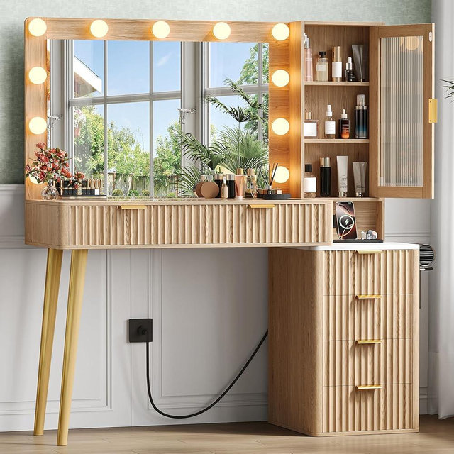 Zeibospri Vanity Desk with Mirror and Lights, Makeup Vanity with Power Outlet, 3 Color Adjustable Brightness, 6 Drawers Makeup Table with Glass Top, for Women and Girls, Bedroom