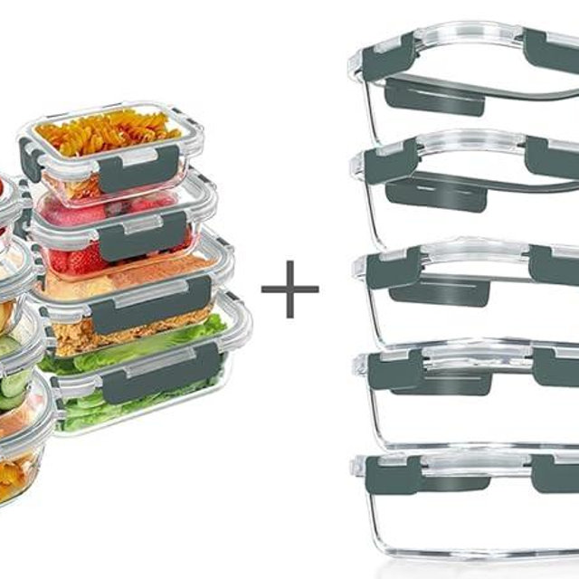 VERONES 12 Packs and 10 Packs Glass Food Storage Containers Set, for Microwave, Oven, Freezer & Dishwasher Friendly