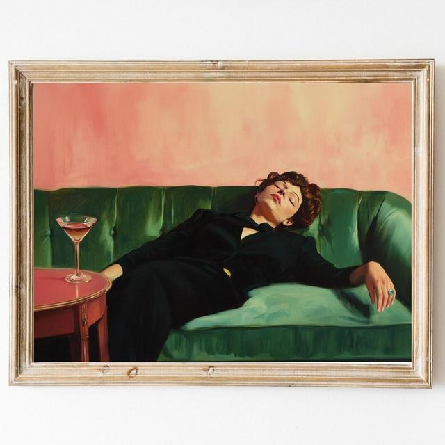 Woman on Couch with Martini | Soft Tonal Oil Painting | Cocktail Art Bar Cart Decor | Aesthetic Oil Painting Gift | Trendy Wall Art Print
