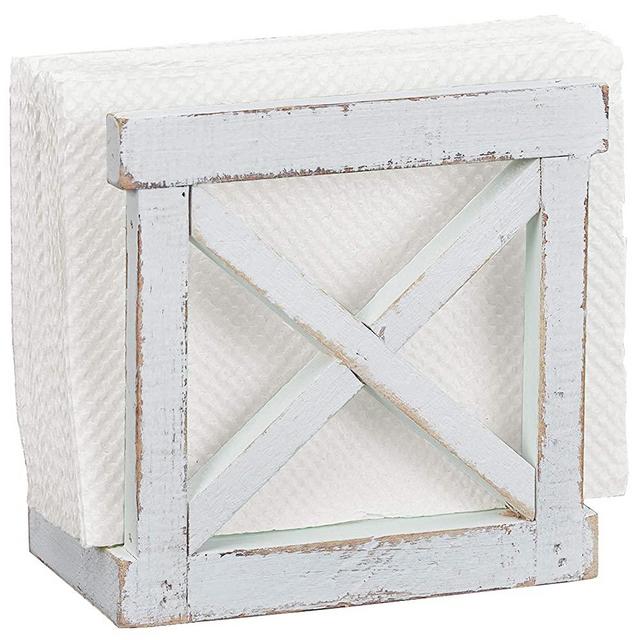 Barnyard Designs Rustic Wood Napkin Holder Primitive Vintage Farmhouse Paper Napkin Storage Dispenser, White 5.5" x 5.5”(White/White)
