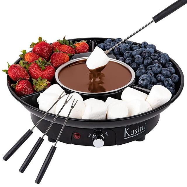 Kusini Electric Fondue Pot Set - Chocolate and Cheese Fondue - Temperature Control, Detachable Serving Trays, & 4 Roasting Forks - Gift Set & Date Night Idea. Serve at Movie Night or Game Night.