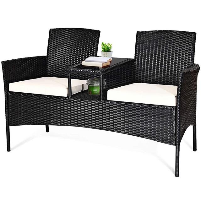 Tangkula Wicker Patio Conversation Furniture Set, Outdoor Furniture Set with Removable Cushions & Table, Tempered Glass Top, Modern Rattan Sofas Set for Garden Lawn Backyard (Black)