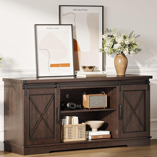 IDEALHOUSE Farmhouse TV Stand and Entertainment Center for TV Up to 65 Inches with Sliding Barn Doors and Adjustable Shelf, Tv Media Console Table with Storage Cabinet for Living Room, Bedroom, Brown