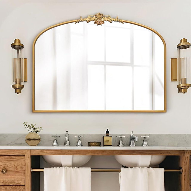 Besdomus Antique Arched Gold Mirror: 40"x30" Large Gleaming Gold Vintage Wall Mounted Mirror - Baroque Traditional Ornate for Fireplace/Bathroom/Living Room - Home Decor for Homemakers