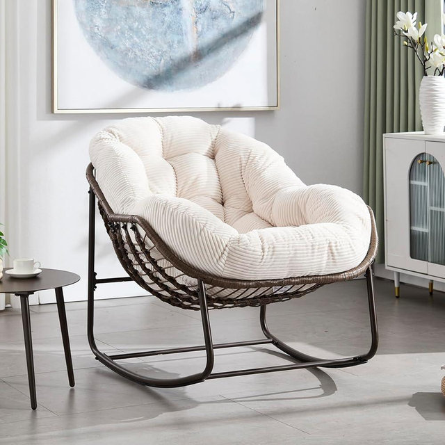 Deolme Large Papasan Rocking Chair with Cushion, Oversized Comfy Reading Chair Lounging Indoor Outdoor Rocker for Front Porch Backyard Bedroom Living Room Egg Chair Rattan (White Teddy Padded)