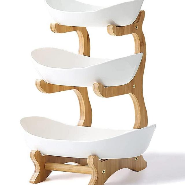 Liywall - 3 Tier Ceramic Fruit Bowl With Bamboo Wood Stand for Kitchen Counter,Porcelain Fruit Basket for Vegetable Storage,Snack Dessert Cake Tray Plate Rack for Party Wedding - White