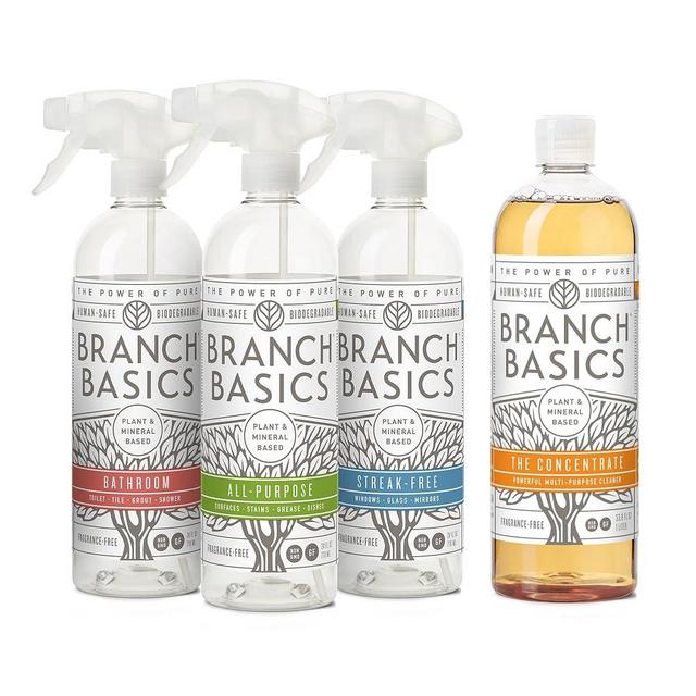 Branch Basics Cleaning Essentials Kit: All Purpose Cleaning Spray, Glass Cleaner, and Bathroom Cleaner - Concentrate (33.8 Oz) + Plastic Spray Bottles for Cleaning (24 Oz) Non-Toxic, Fragrance-Free
