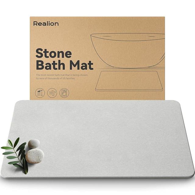 Realion Stone Bath Mat, Dries Quickly, Non-Slip Diatomaceous Earth Stone Bath Mats for Bathroom, Super Absorbent Stone Shower Mat, Easy to Clean, 23.5" x 15.5" Light Gray