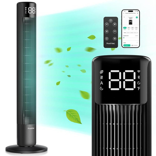 Provirtec Tower Fan for Bedroom 43 inch with 120° Oscillating Quiet Cooling Tower Fan for Home, Stand up Fan with Remote & APP, Smart Floor Fan with 8 Speeds, Cooling Fan for Office/Living Room