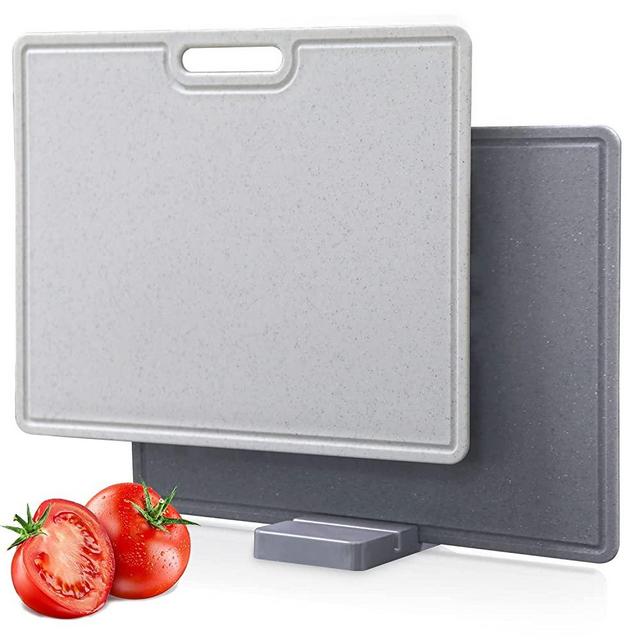 Cutting Boards for Kitchen, Set of 2 Large Plastic Chopping Board with Stand, Deep Juice Groove, Non-slip,Easy-Grip Handles,BPA free, Dishwasher Safe Oversized,for Veggies, Fruits(Gray, 15.7 x 11.8)