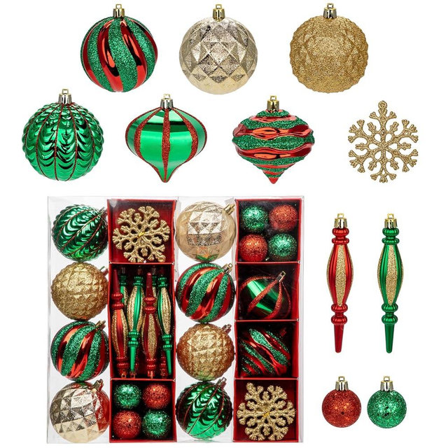 Hollyone Christmas Balls Ornaments Set, 50pcs Glitter Red Green and Gold Shatterproof Christmas Ball Snowflakes Tree Ornaments Hanging Ball Decoration for Xmas Tree Wreath Garland Wedding Home Decor