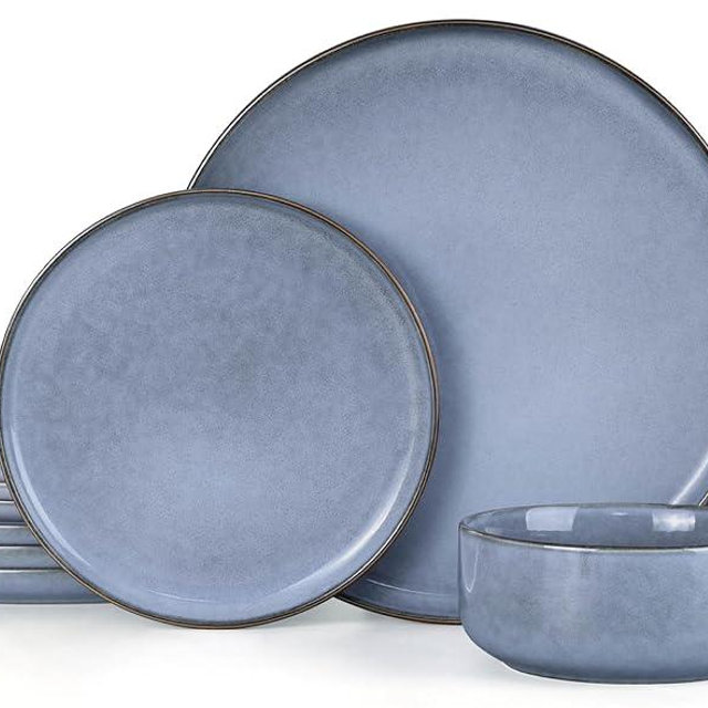 Herogo 12 Pieces Stoneware Dinnerware Set Service for 4, Dinner Plates and Bowls Sets, Double Reactive Glaze Dishes Set for Kitchen, Scratch Resistant, Microwave & Dishwasher Safe, Haze Blue