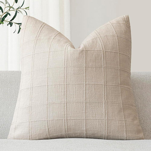 Foindtower Set of 1 Decorative Linen Check Throw Pillow Cover Neutral Farmhouse Vintage Cushion Cover Modern Boho Home Decor for Sofa Chair Couch Bedroom Living Room,20×20 Inch,Natural Beige