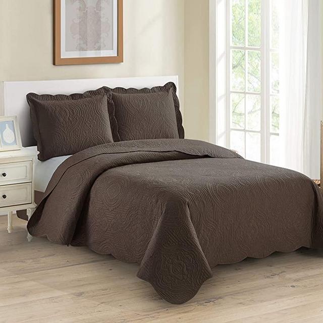 Home Collection 3pc Full/Queen Over Size Luxury Embossed Bedspread Set Light Weight Solid Dark Brown New