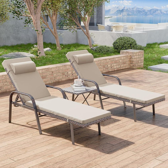 RTDTD 3 Pieces Patio Chaise Lounge Set Outdoor PE Rattan Armrest Lounge Chair Adjustable Backrest Reclining Chair with Folding Table and Cushion for Patio Poolside Backyard Porch Beach(Brown)