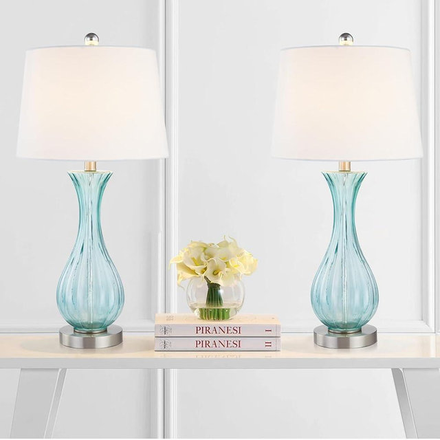 Maxax Set of 2 Coastal Glass Table Lamps Set of 2, Modern 25.5" Blue Glass Bedside Lamps with White Shade for Bedroom Living Room
