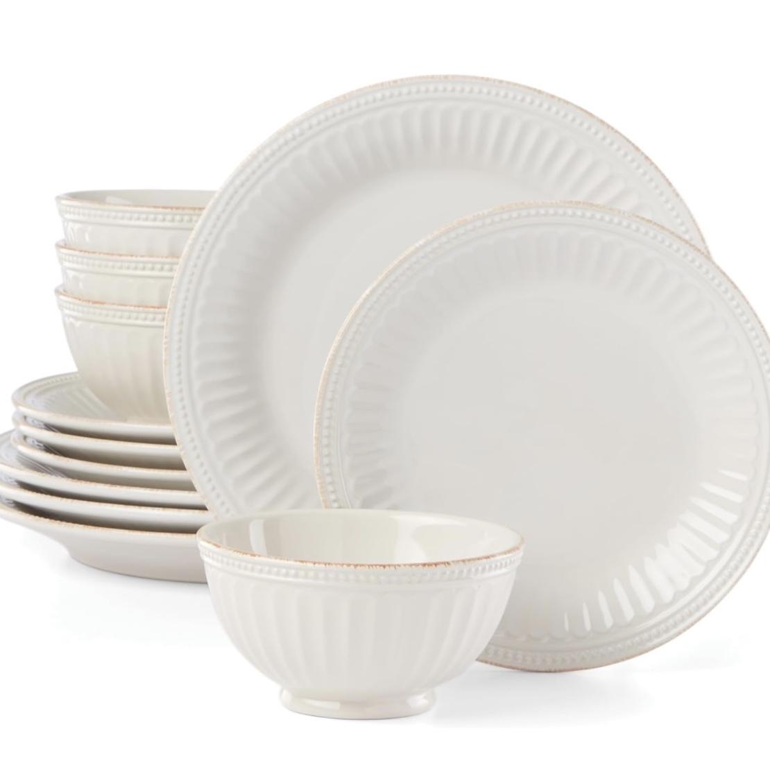 Lenox French Perle Groove 12-Piece Plate & Bowl Set, 23.05 LB, White