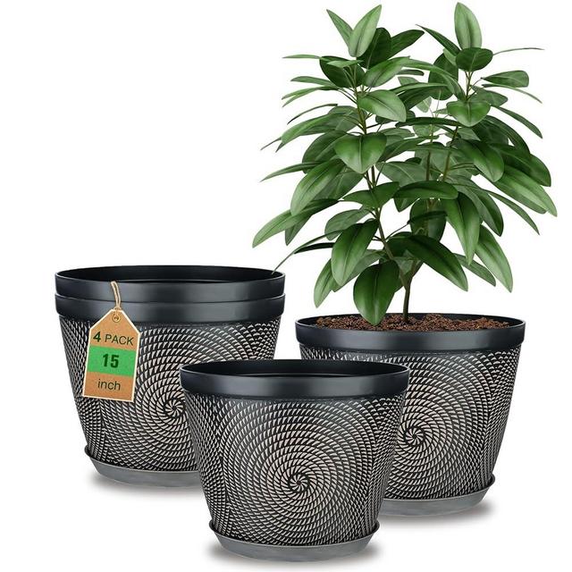 Quarut 15 Inch 4 Pack Large Plant Pots, Plastic Flower Pot for Indoor & Outdoor with Drainage Holes & Saucer, Circle Pattern Planters Garden Pots for Herbs