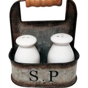 Vintage Kitchen Decor Milk Bottle Salt and Pepper Shakers in Vintage Tin Carrier