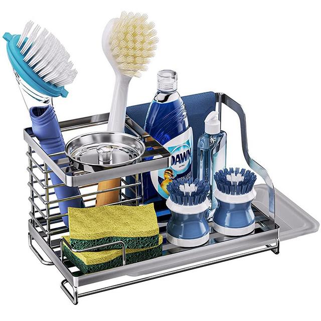 Consumest kitchen Sponge Holder Sink Caddy, Double-layer Soap Sponge and Brush Holder with Removable Drain Tray, SUS304 Stainless Steel Kitchen Sink Organizer