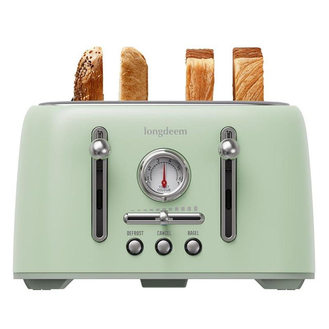 LONGDEEM Retro 4-Slice Toaster 1.6" Wide Slots - 6 Toast Settings with Bagel Function, Stainless Steel Body, Defrost/Cancel Button & Crumb Tray, Vintage Green