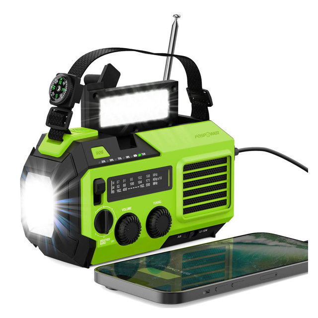 FosPower Solar Crank Radio Model A6 for Emergency with AM/FM/WB Flashlight, Reading Lamp, SOS Alarm, IPX3, & 5,200mAh Power Bank - Lime Green