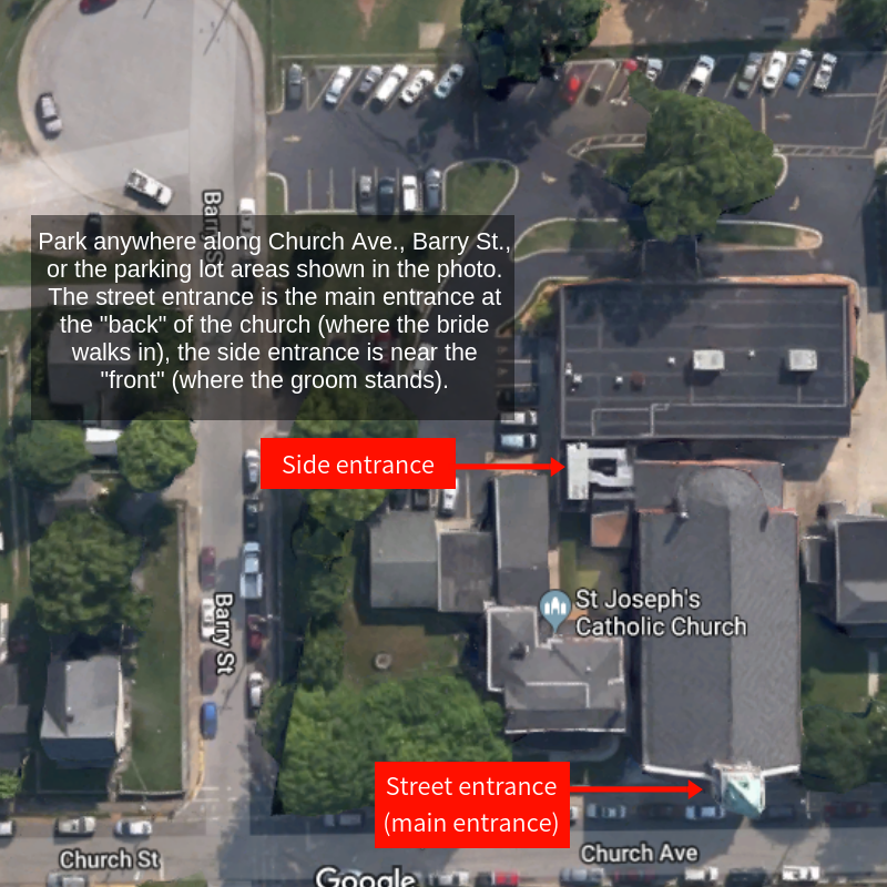 Park anywhere along Church Ave., Barry St., or the parking lot areas shown in the photo. The street entrance is the main entrance at the back of the church, the side entrance is near the front.