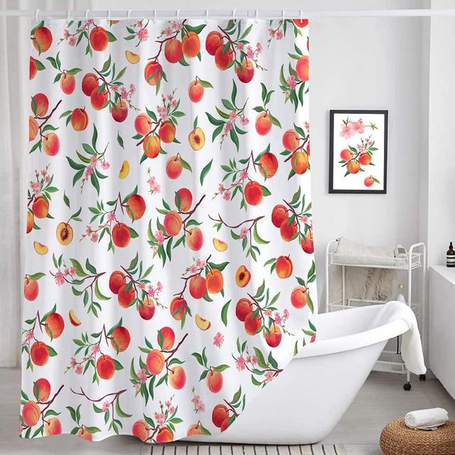 Peach Shower Curtain for Bathroom, Cute Colorful Allover Fruits Bright Design Shower Curtain Set, Fabric Peachy Pink Bathroom Accessories Decor Shower Curtain Set with 12 Hooks, 69X70IN