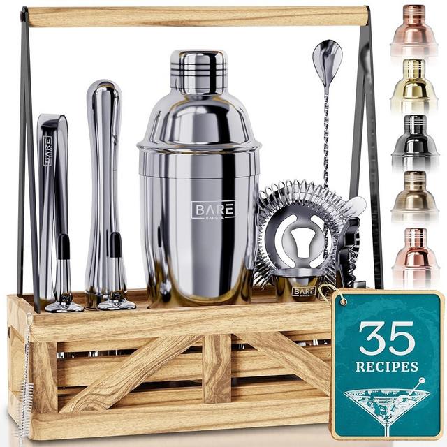BARE BARREL® Mixology Bartender Kit Bar Set | Martini Cocktail Shaker Set | Barware Mixing Tools for Home Bartending | Farmhouse Rustic Portable Caddy & 35 Recipe Cards | Gift Set (Polished Gray)