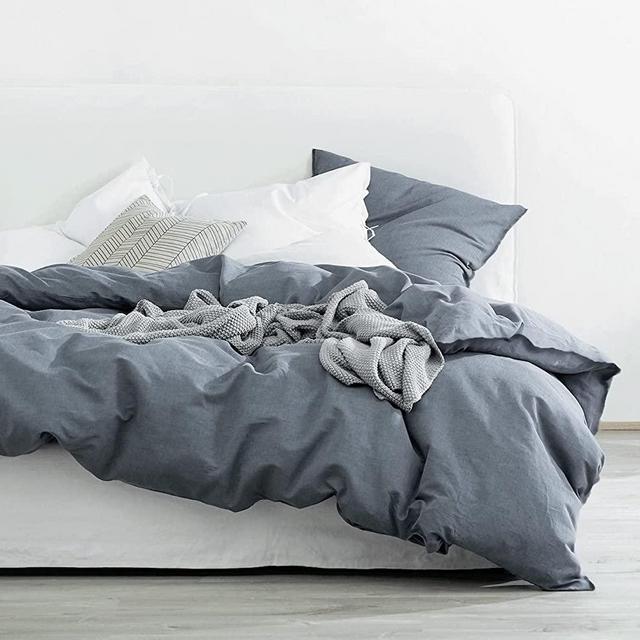 Eikei Washed Cotton Chambray Duvet Cover Solid Color Casual Modern Style Bedding Set Relaxed Soft Feel Natural Wrinkled Look (Navy Blue, Super King) (WC-MT01)