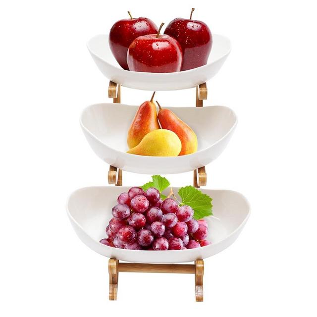 Fruit Bowl, 3 Tier Ceramic Fruit Basket, 3 Tier Serving Stand Serving Bowl with Bamboo Wooden Frame, Porcelain Kitchen Bowls for Fruit Vegetable Snack Nuts Dessert Cake Tray for Party Wedding