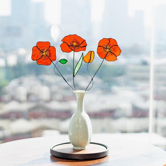 Poppy Stained Glass Flower Bouquet Stake Flower Sun Catcher Set Flowers Poppy Flower Decor Faux Floral Gift for her Boho Home Decor