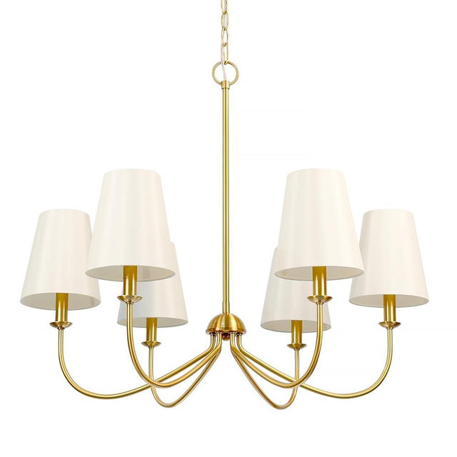 Homebelife Gold Chandelier, Brushed Brass with Beige Fabric Shade, 6-Light 28" Modern Farmhouse Linear Pendant Lighting Fixture for Kitchen Island