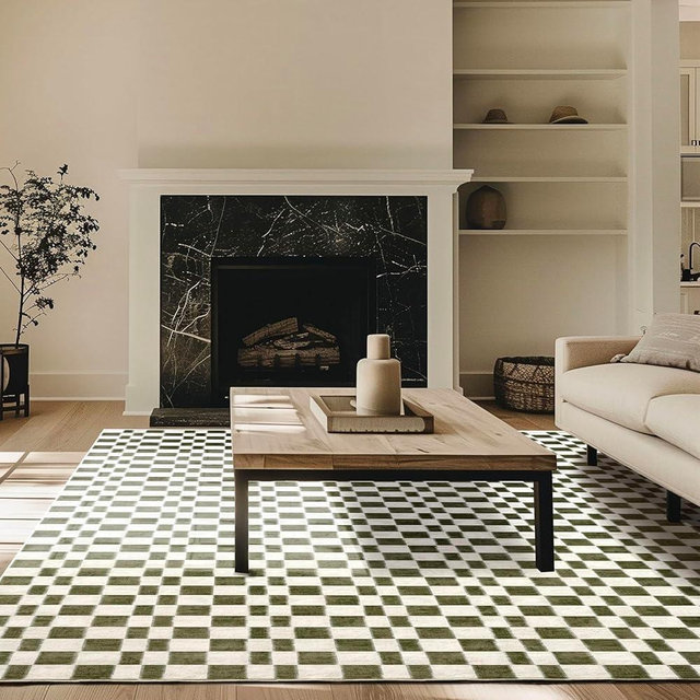 EVERGRACE Checkered Plaid Area Rug 9x12, Soft Faux Wool Rugs Washable Anti Slip Rugs Large Rug Carpet for Entryway Bedroom Living Room Hallway Kitchen Dining Room and Laundry Room, Olive Green
