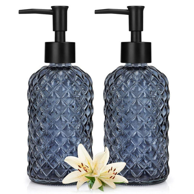Ulable 13.5Oz Gem Design Soap Dispenser with Plastic Pump, Refillable Glass Soap Dispenser for Hand Soap, Dish Soap, Lotion (Blue Grey)
