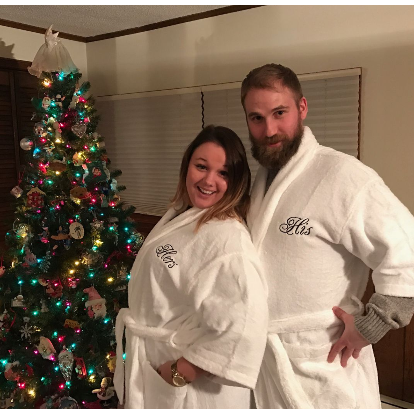 Celebrating Christmas 2017 in our matching bathrobes!