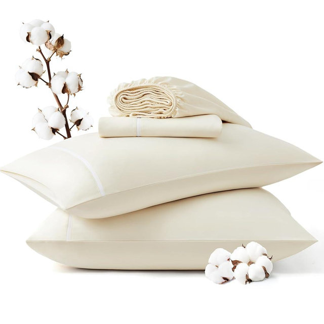 Bedsure 100% Cotton Sheets Queen Size Set - 500 Thread Count Cotton Sateen Bedsheets, Luxury Hotel Quality, Soft & Breathable Bedsheets, 16" Deep Pocket, 4-Piece, Include Queen Flat Sheet Ivory