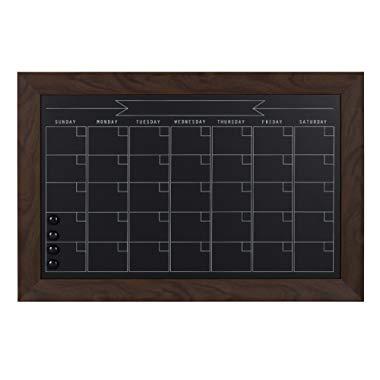 DesignOvation Beatrice Framed Magnetic Chalkboard Monthly Calendar, 18x27, Walnut Brown