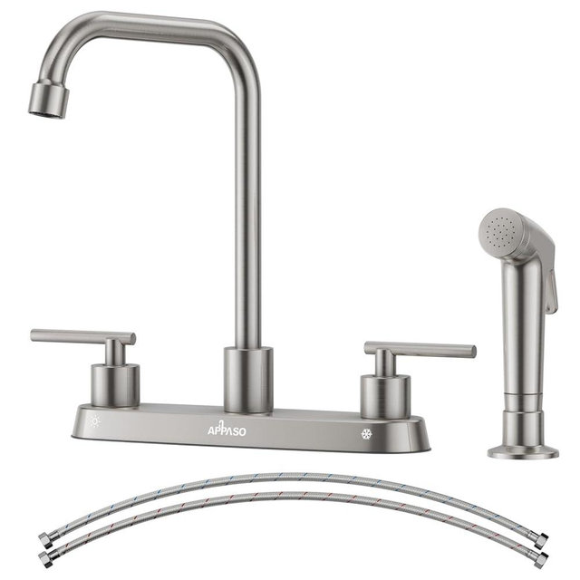 APPASO Kitchen Faucet with Side Sprayer, 4 Hole Kitchen Faucets, 2 Handle Kitchen faucets, Stainless Steel Kitchen Faucet 3 Hole with Sprayer with High Right Angle Spout, Brushed Nickel