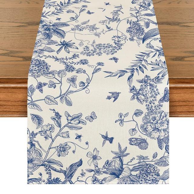 Artoid Mode Monochrome Sketch Birds and Flowers Summer Table Runner, Seasonal Spring Fall Kitchen Dining Table Decoration for Home Party Decor 13x120 Inch