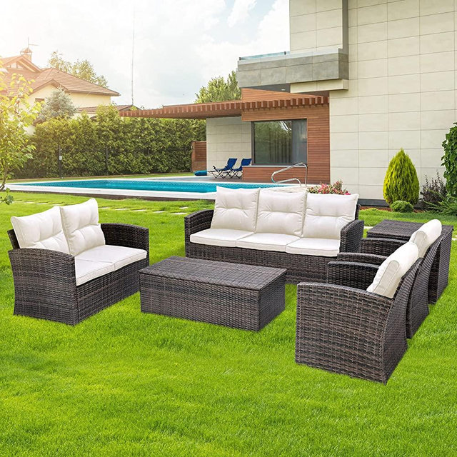 Grezone 7 Seater 6 Pieces Patio Outdoor Furniture Sets All Weather Wicker Sectional Sofa Couch Lawn Sectional Furniture with Washable Couch Cushions and Wicker Table (Cream)