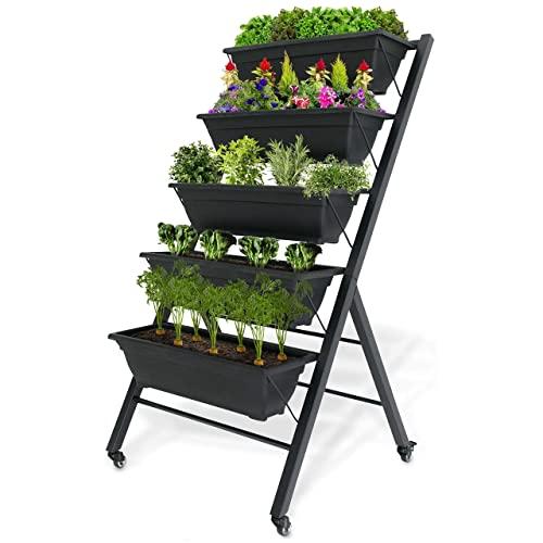 Vertical Raised Garden Bed, Tiered (29" Long x 26" Wide x 51" Tall) - Locking Wheels for Easy Planter Mobility - 5 Food Safe Flower Boxes - Cascading Water Drainage - Freestanding Indoor/Outdoor Kit